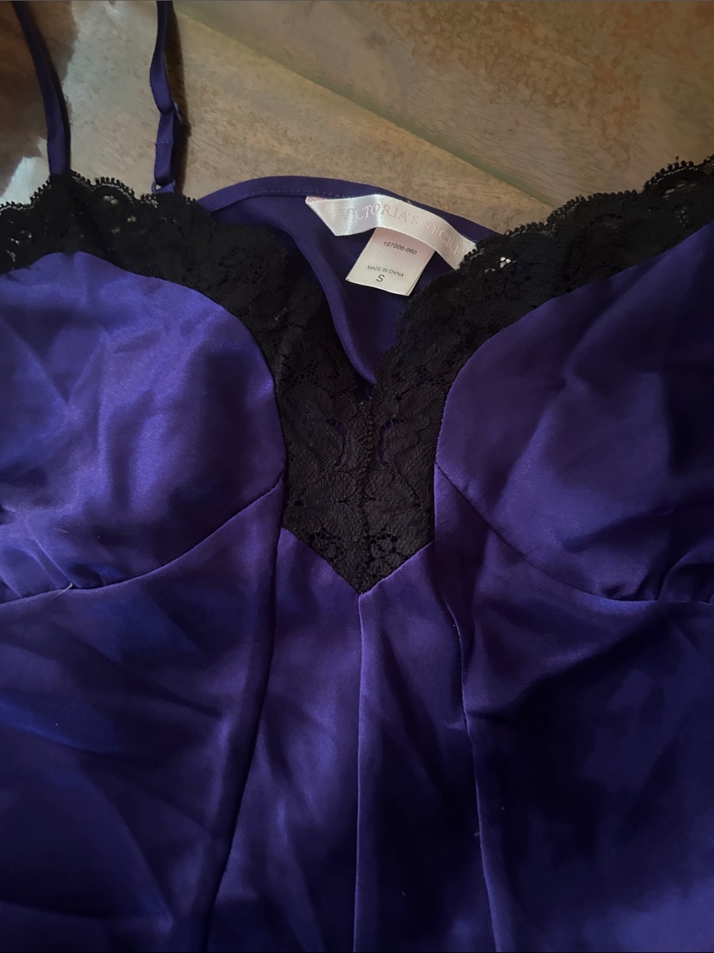Victoria's Secret Deep Purple Satin Chemise with Black Lace Trim